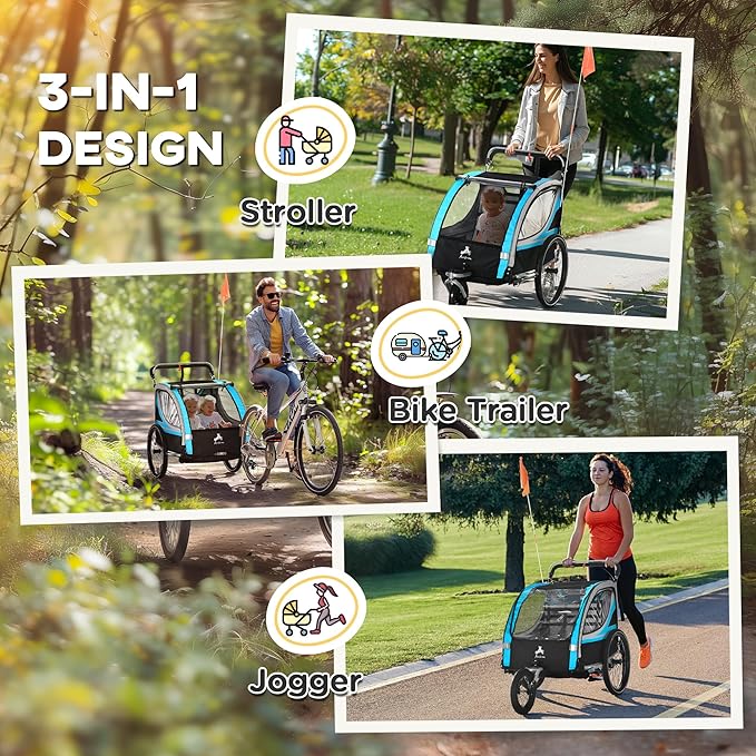 Aosom 3-in-1 Walk/Jog/Ride Child Baby Bike Trailer for Kids 2 Seater, High-Visibility Bike Stroller for Toddler Wagon, Weather-Strong Double Bicycle Trailer Accessory for Kids
