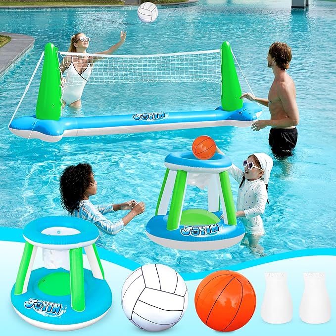 JOYIN Inflatable Volleyball Net & Basketball Hoops Pool Float Set; Balls Included for Kids and Adults, Summer Pool Game, Floaties, Volleyball Court (105”x28”x38”) Basketball (27.6”x23”),Green,Blue