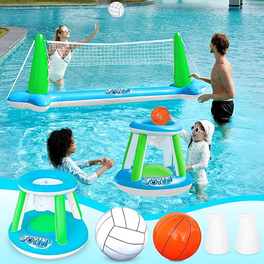 JOYIN Inflatable Volleyball Net & Basketball Hoops Pool Float Set; Balls Included for Kids and Adults, Summer Pool Game, Floaties, Volleyball Court (105”x28”x38”) Basketball (27.6”x23”),Green,Blue