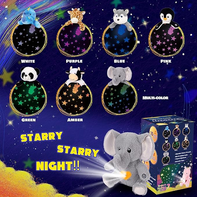 Cuteoy Plush Gray Elephant Star Projector Musical Adjustable Singing Night Light Stuffed Animals Glowing Plushies Toy Gifts for Kids Birthday Easter Christmas,13''