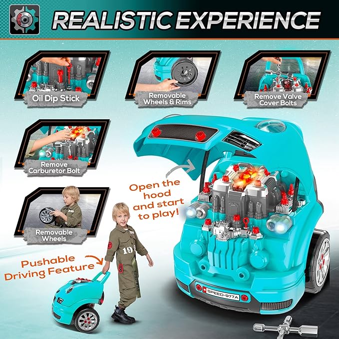 Qaba Truck Engine Toy, Kids Mechanic Set with Lights, Sounds, Steering Wheel and Horn, Pretend Car Service Station Play with 61-Piece Included, Toy Engine Building Kit for Kids Aged 3+, Blue