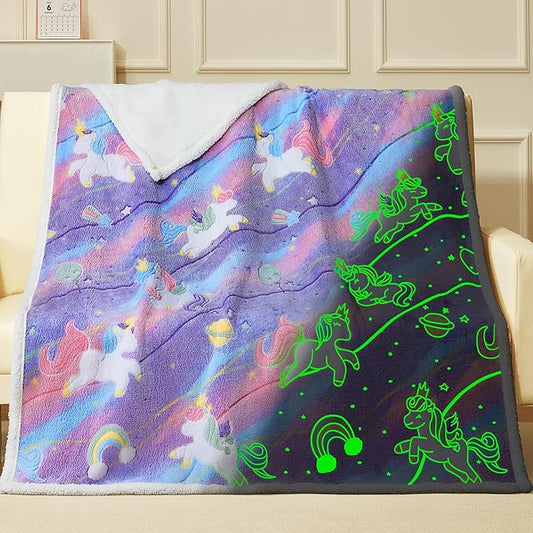 Glow in The Dark Unicorns Blanket,Unicorns Gifts Toys for Girls, Christmas Birthday Presents Decor for Kids Age 3-14 Year Old Daughter Teen Child Toddler Soft Sherpa Blanket Fleece Throw 50"x60"