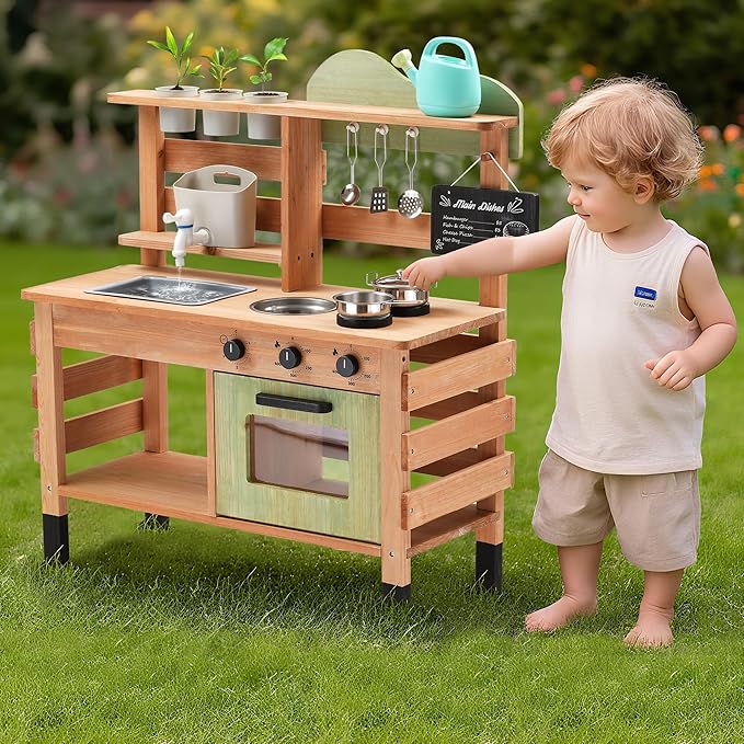 OLLIKIVI Outdoor Play Kitchen for Kids | Wooden Mud Kitchen Set with Removable Sink, Planting Area, Oven, Stove, Dual-Sided Chalkboard & Storage | Backyard Pretend Toy | Ages 3+