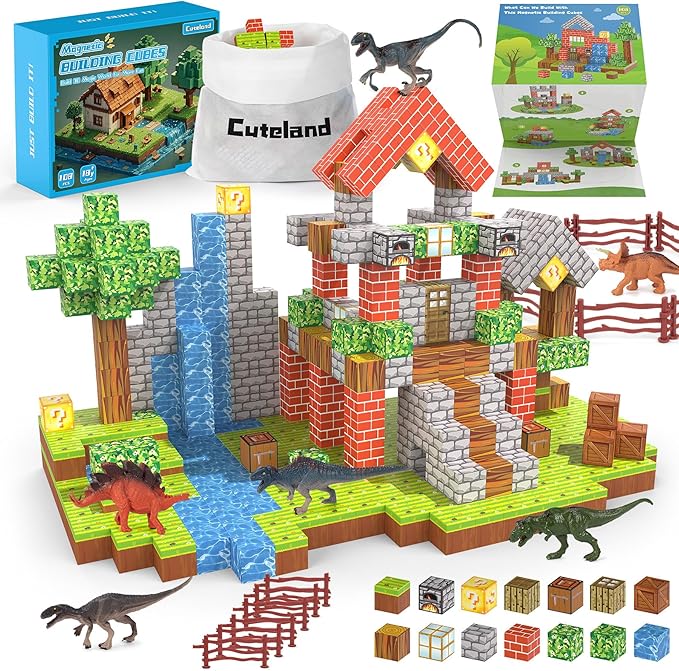 Magnetic Blocks 108PCS Magnetic Building Blocks with 6 Dinosaur Toys