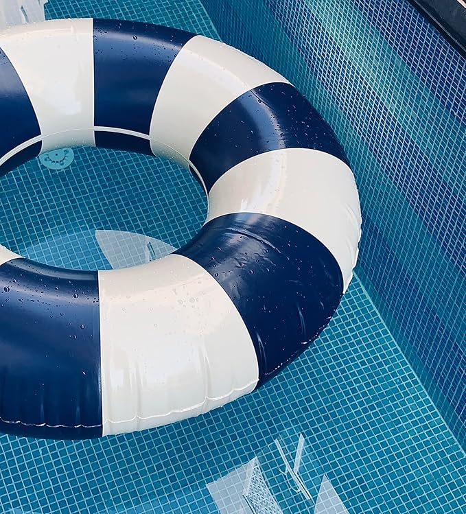 Petites-Pommes Inner Tube for Kids - Durable Donut Pool Float, Handprinted Classic Striped Design Round Floats for Pool, Soft Comfort Seaming, Packable Floats for Travel, Dark Blue, 35 inch