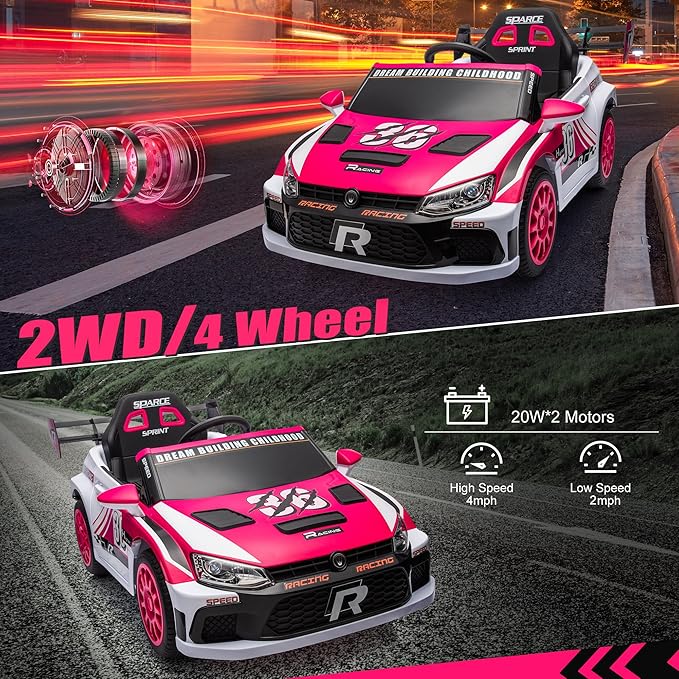 Kids Ride on Car with Parent Remote Control,12V Battery Powered Electric Vehicles for Kids Ages 3-8,Powerful Motor 3-Speed Sports Car Ride-on Toys w/Music,LED Lights,Suspension System (Pink)