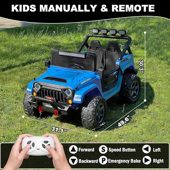 NEWQIDA 24V Ride on Toys for Big Kids Battery Powered Electric Vehicles 2 Seater Electric Car with Remote Control 4x4 Ride on Truck Car for Kids Toddlers, EVA Tires, Spring Suspension, Music, Blue