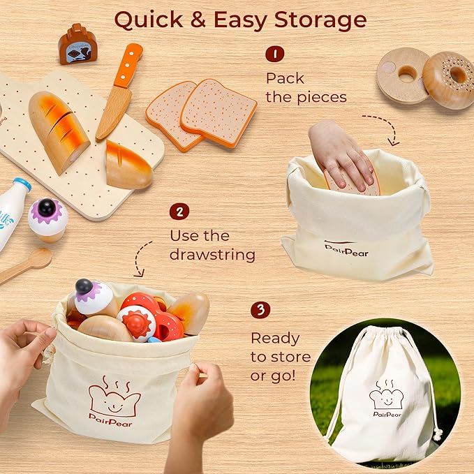 PairPear Wooden Bakery Toy Food Playset for Kids Kitchen, 22 PCS Play Food Kitchen Toys for Toddler 3+, Play Kitchen Accessories with Shopping Bag, Cutting Food Toys Gift for Boys and Girls