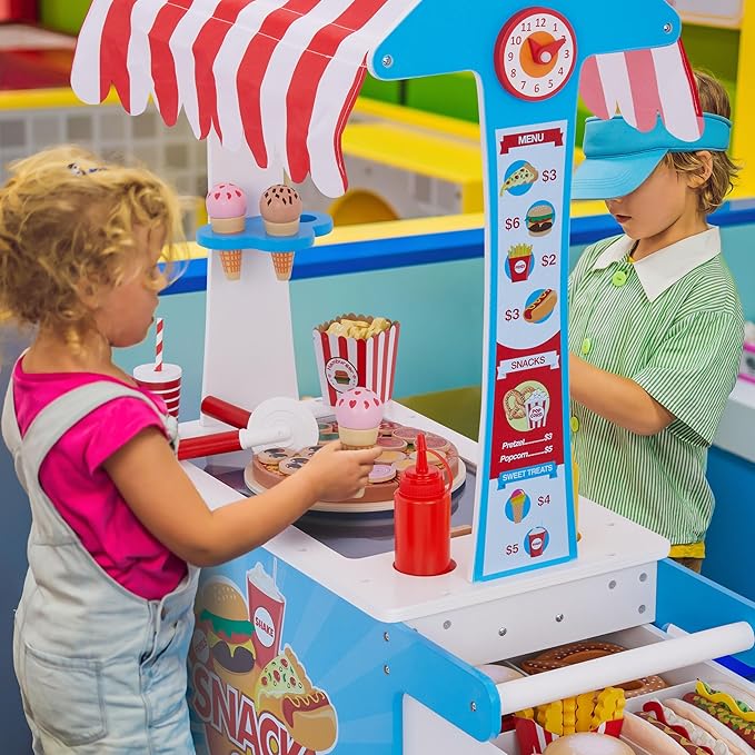 Lil’ Jumbl Wooden Snack Shop Playset | Kids Play Pretend Hot Dog Stand Push Cart w/ 125+ Burger, Fries, Pizza & Ice Cream Toy Accessories, Food Displays, Awning, Freezer, Storage Drawers & Menus