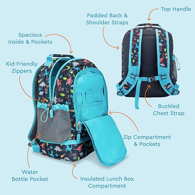 Bentgo Kids 2-in-1 Backpack & Insulated Lunch Bag - Durable 16” Backpack & Lunch Container in Unique Prints for School & Travel - Water Resistant, Padded & Large Compartments (Dinosaur)