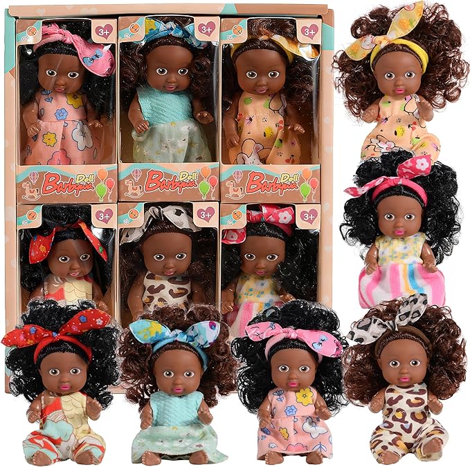 Adorable 6 Pack African Girl Dolls - Posable 4-Inch African American Dolls with Curly Hair & Stylish Outfits