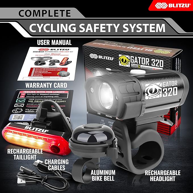 BLITZU Bike Lights, Super Bright Bicycle USB-C Rechargeable Headlight, Taillight & Bike Set, Waterproof Safety Front & Rear Back light for Night Riding, Easy to Install for Men Women Kids Road Cycling