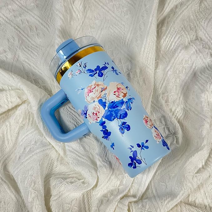 14 oz Tumbler with Handle and Straw, 14oz Toddler Tumbler with Lid and Straw for Kids Stainless Steel Tumblers, Outdoor Sports Travel School Gift, Keeps Drinks Cold up to 24 Hrs(Blue Flower)