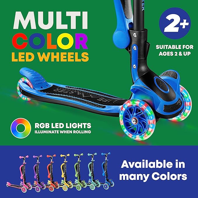 Kids Scooter – Foldable Seat – LED Wheel Lights Illuminate When Rolling – Children and Toddler 3 Wheel Kick Scooter – Adjustable Handlebar – Indoor and Outdoor- by Lifemaster