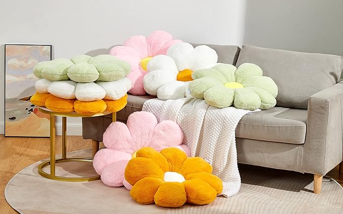 20" Large Flower Pillow Daisy Pillow Seat Cushion – White Faux Rabbit Fur Plush Throw Pillow, Cozy Floor Cushion & Gift for Kids Girls Adults