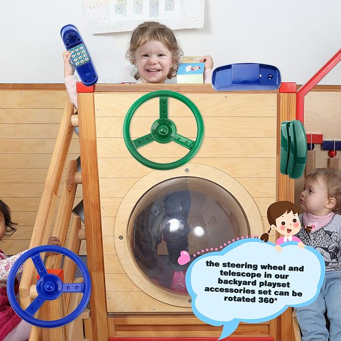 4 Pack Playground Accessories for Kids Outdoor Playground Steering Wheel Priate Ship Wheel Plastic Telephone Phone Toy Swing Set for Playground Backyard Playhouse Tree House (Green,Blue)