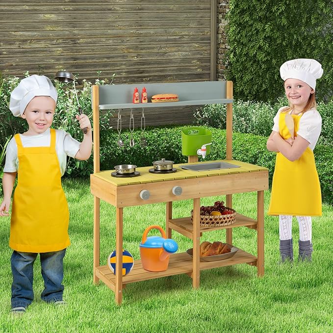 Costzon Wooden Kids Play Kitchen, Outdoor Mud Kitchen with Removable Sink, Water Box & Faucet, Stove Top, Storage Shelves, Fun Backyard Pretend Kitchen Playset for Boys Girls 3+ (Green)