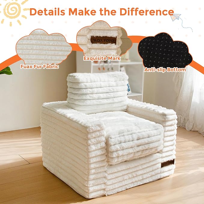 MAXYOYO Kids Bean Bag Chair, Comfy Faux Fur Bean Bag Sofa with Filler, Upholstered Floor Sofa with Pillows and Armrests, Lazy Floor Chair Couch for Boys and Girls, Beige