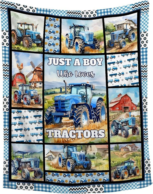 Tractor Blanket Farm Harvester Blankets,Just A Boy Who Loves Tractors Flannel Blanket Gifts for Girls Boys,Soft Warm Lightweight Blanket for Room Decor, 90"x120"for Whole Family