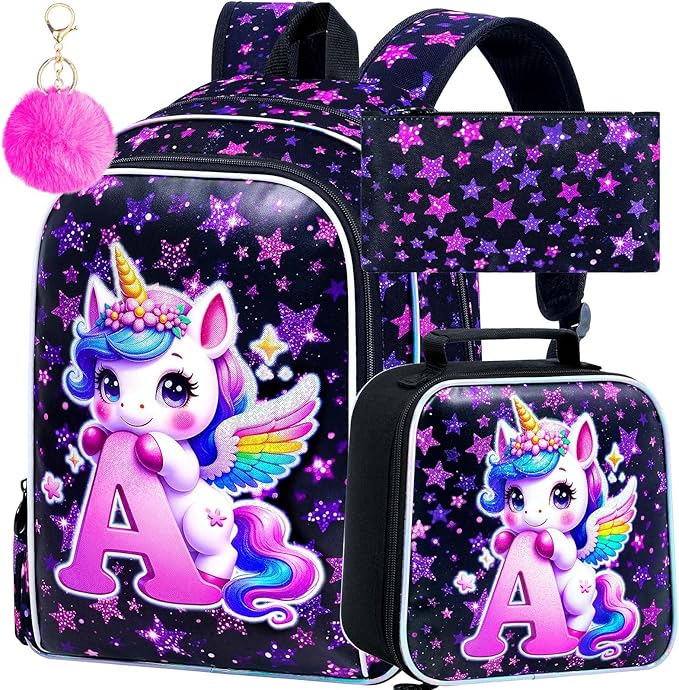 CCJPX 3Pcs Unicorn Backpack, 16” Girls Bookbag with Lunch Box, Kids Water Resistant Elementary School Bag for Kindergarten Preschool Toddler (Black)