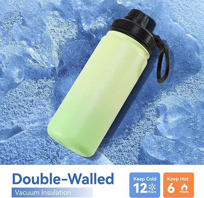 DOMICARE 16 oz Water Bottle Stainless Steel Double Wall Vacuum Insulated Water Bottle with Straw lids & Spout Lid, Leakproof