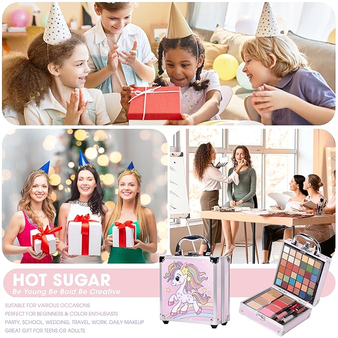 Hot Sugar Girls Makeup Kit Age 4-6 7-8 10-12, Little Girl Makeup Set, Makeup Kit for Teenagers 13-15 Includes Eyeshadow Lip Gloss Blush Highlighter Contour Brush (Pink Unicorn)