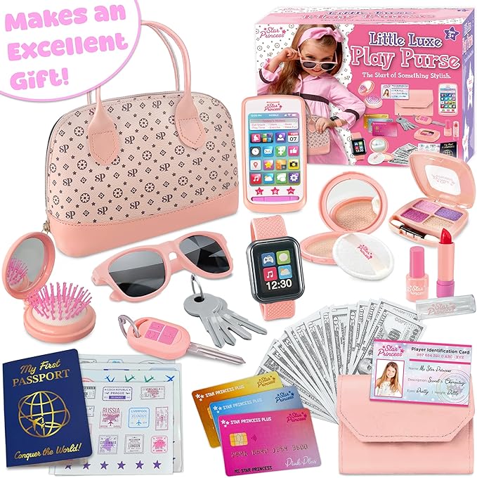 Play Purse for Little Girls - Pretend Play Toy Set for Kids Including Handbag, Makeup, Phone, Wallet, Smartwatch, Passport, Credit Cards, Keys - Birthday Gift Ideas for Girls Age 3 4 5 6 7+