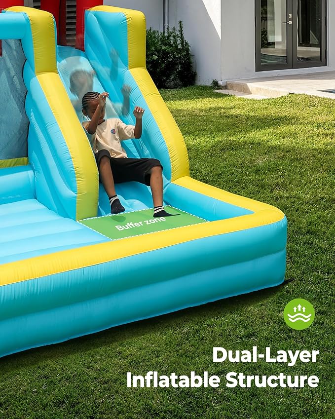 Inflatable Bounce House, Large Bouncy Castle for Kids with Slide, Outdoor & Indoor, 450W Blower - Blue