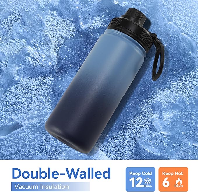 DOMICARE 16 oz Kids Water Bottle for School Stainless Steel Double Wall Vacuum Insulated Water Bottle with Straw lids & Spout Lid, Leakproof BPA Free (Blue/Navy,8)