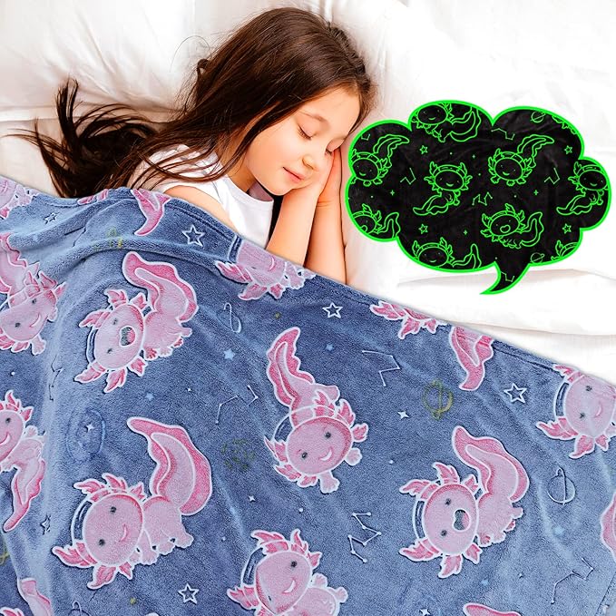 Axolotl Blanket Glow in The Dark for Girls - Pink Axolotl Gifts for Teens Girls, Salamander Soft Blankets Cute Cozy Plush Toys for Kids Boys, Lightweight Fleece Throws for Couch & Bed Decor 50x60inch