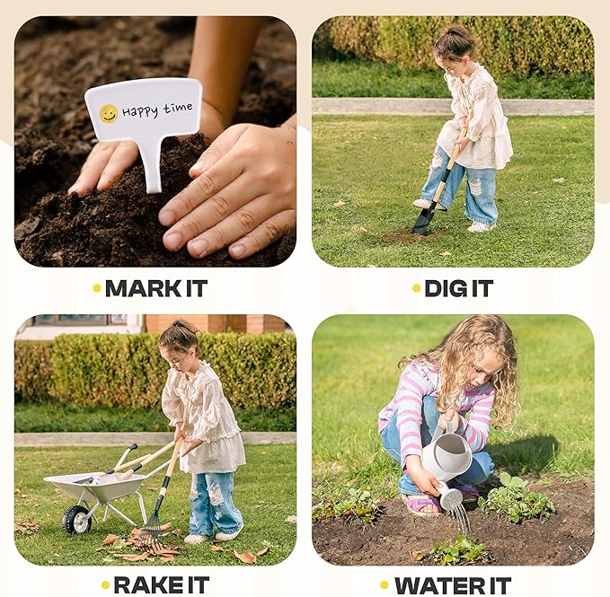 ROBOTIME Kids Wheelbarrow with Gardening Set – Metal Wheelbarrow Toddler Outdoor Play Toy with Garden Tools, Watering Can & Plant Labels, Pretend Play Yard Equipment for Boys and Girls (Grayish white)