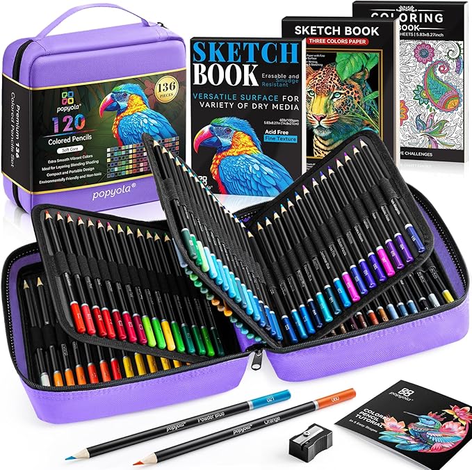 136 PCS Colored Pencils Set for Adult Coloring Books, 120 Colored Pencils with Sketchbook, Coloring Book, Sharpener, Soft Core Oil-Based Coloring Pencils for Artists Drawing Sketching Blending Shading
