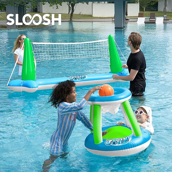 JOYIN Inflatable Volleyball Net & Basketball Hoops Pool Float Set; Balls Included for Kids and Adults, Summer Pool Game, Floaties, Volleyball Court (105”x28”x38”) Basketball (27.6”x23”),Green,Blue