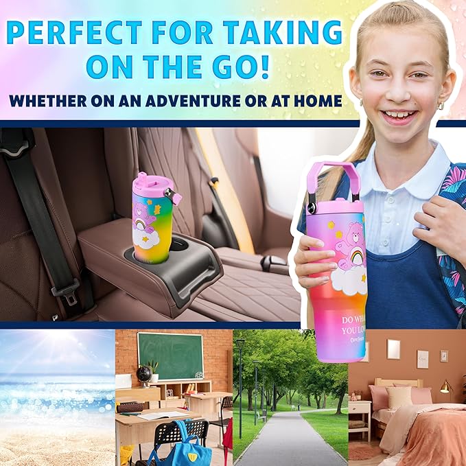 Get Trend Care Bears Tumbler with Straw 30oz Kids Teens Insulated Cup with Lid Handle Travel Mug Cups with Lids for School Sports Gifts for Kids (Multi Care Bears)