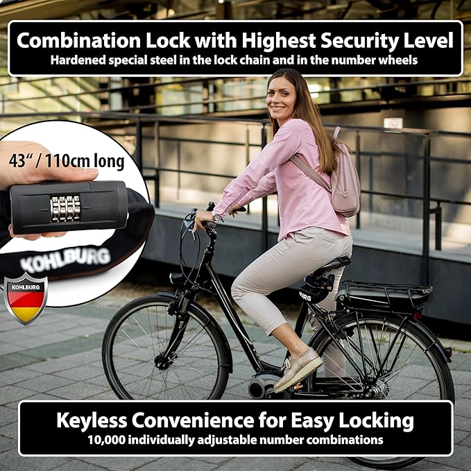 Heavy Duty Combination Bike Lock [Sold Secure Gold] 43" Long with Maximum Security – Anti Theft Bike Chain Lock with Numeric Code & 8mm Hardened Steel for Bicycle, Ebike, & Motorcycle