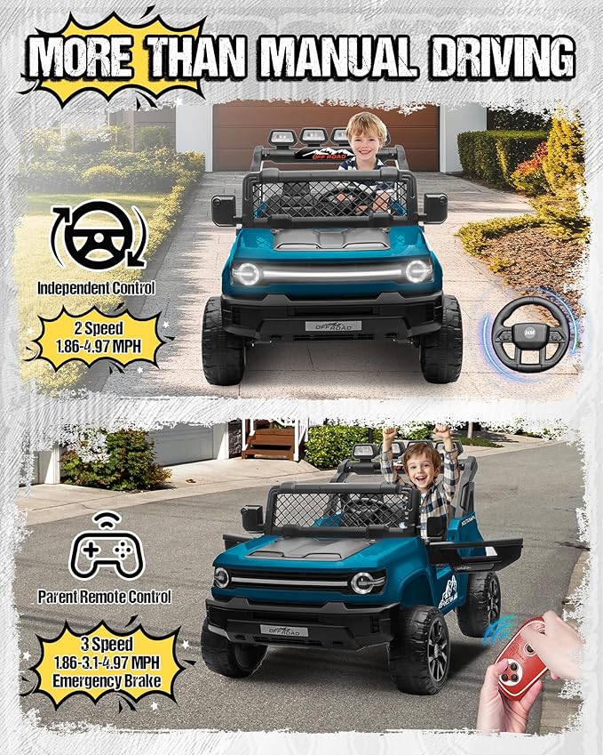 24V Ride on Toys for Big Kids, 2 Seater Electric Car w/22'' Large Seat, Remote Control, Shovel, 4X200W Engines, 4WD/2WD Switchable, Truck Bed Storage, Ride On Truck Toy for Boy Girl, Blue