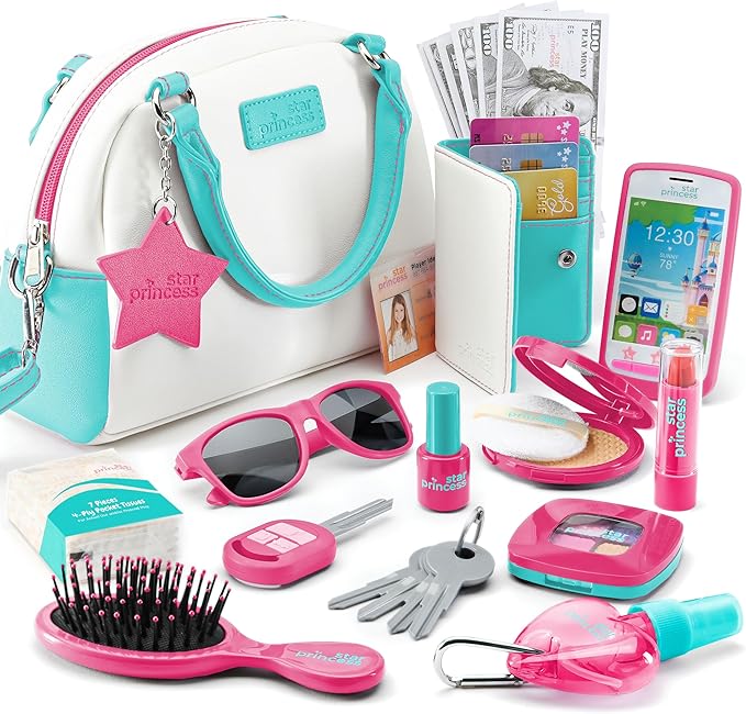 Little Girls' Play Purse - Pretend Play Accessories: Toy Phone, Wallet, Credit Cards, Keys, Makeup for Role Playing, Ages 3-8