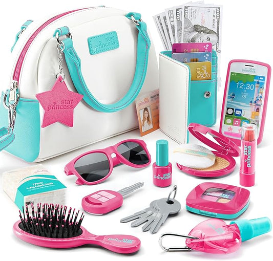 Little Girls' Play Purse - Pretend Play Accessories: Toy Phone, Wallet, Credit Cards, Keys, Makeup for Role Playing, Ages 3-8