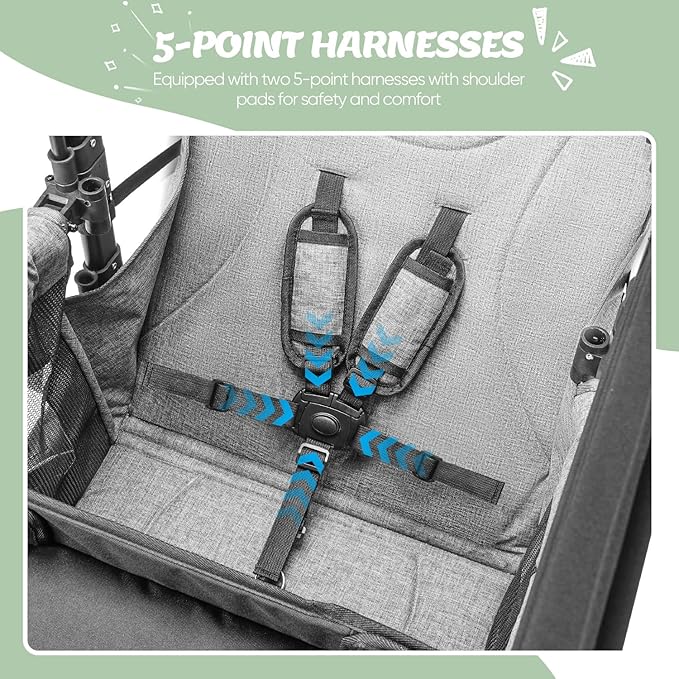 Wagon Stroller for 2 Kids,Premium Wagon for Kids with Removable Canopy, Snack Tray, Convertible Baby Bassinet, 5-Point Safety Harness, All-Terrain PU Wheels & Adjustable Push/Pull Handle,Grey