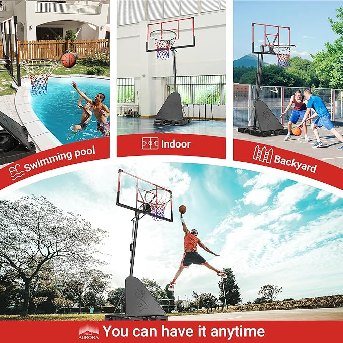Polar Aurora Basketball Hoop Outdoor, 4.4-10FT Adjustable Kids Basketball Hoops Indoor, Basketball Goal 45’’PC Shatterproof Backboard, Portable Basketballs Hoop for Adult W/Basketballs Accessories Net