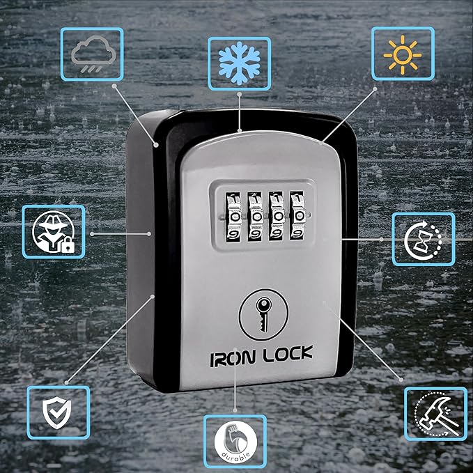 Iron Lock® Wall Mount Key Lock Box with 4-Digit Combination, Resettable Code, A B Switch, and 5-Key Capacity - Indoor/Outdoor Waterproof Lockbox for House Keys and Spare Keys (Small, Grey)