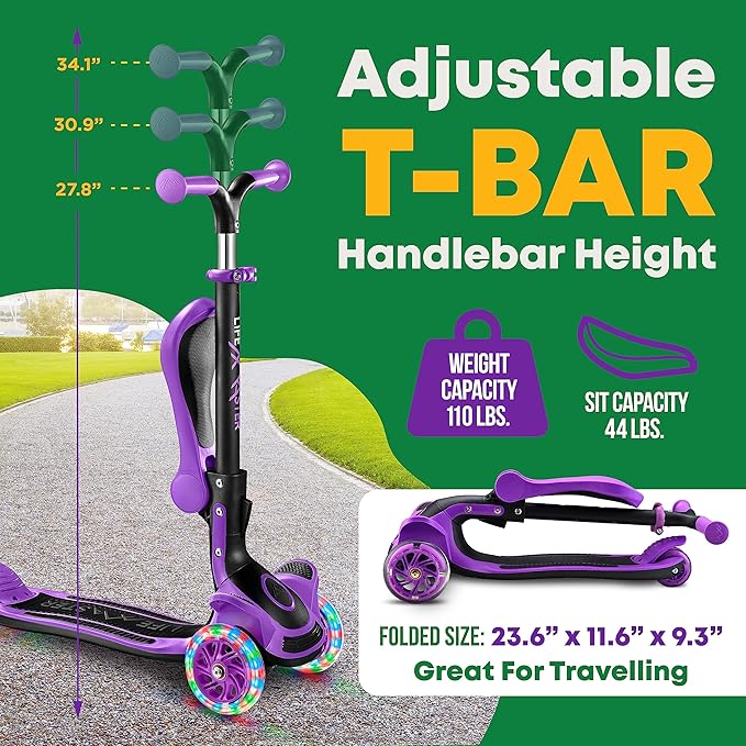 Kids Scooter – Foldable Seat – LED Wheel Lights Illuminate When Rolling – Children and Toddler 3 Wheel Kick Scooter – Adjustable Handlebar – Indoor and Outdoor- by Lifemaster