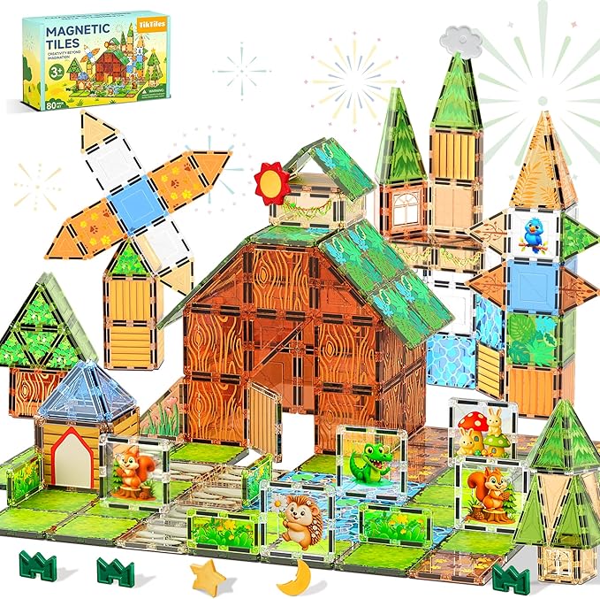 Magnetic Tiles Building Toys Set with 5 Magnetic accessories, Forest Animals Magnetic Blocks for Kids Ages 3-5 4-8, STEM Educational Sensory Magnet Toys Birthday Gifts for Toddlers Girls Boys