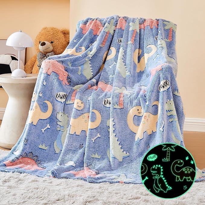 Wajade Dino Gifts Toys for Boys Girls - Glow in The Dark Dinosaur Blanket Birthday Christmas Decor for Kids Age 3 4 5 6 7 8 9 10 11 12 Years Old Teens Child Toddler Throw Colorful 60"x80"