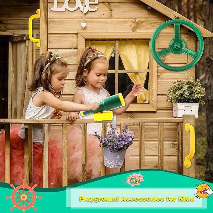 Playground Accessories Swingset Plastic Pirate Ship Steering Wheel Safety Handles Telescope for Kids Outdoor Playground Treehouse Jungle Gym Accessories (4 Pcs- Green,Yellow Set)