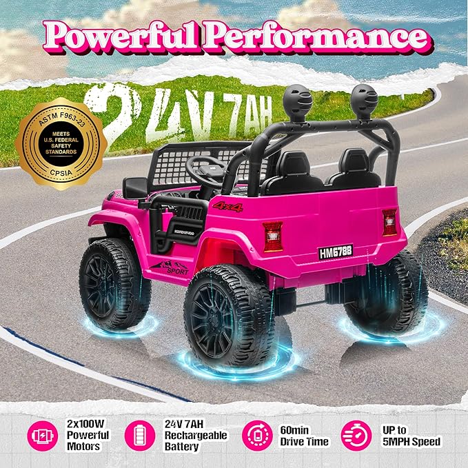 2 Seater Ride on Car for Kids, 24V Electric Power Ride on Truck Toy with Remote Control, 200W Motor, LED Lights, Music, 3 Speed, 4 Wheel Suspension Spring, Soft Start, Safety Belt