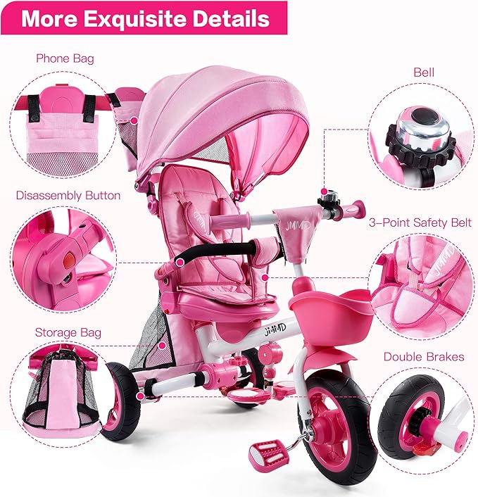 JMMD Baby Tricycle, 7-in-1 Folding Kids Trike with Adjustable Parent Handle, Safety Harness & Wheel Brakes, Removable Canopy, Storage, Stroller Bike Gift for Toddlers 18 Months - 5 Years(Pink)