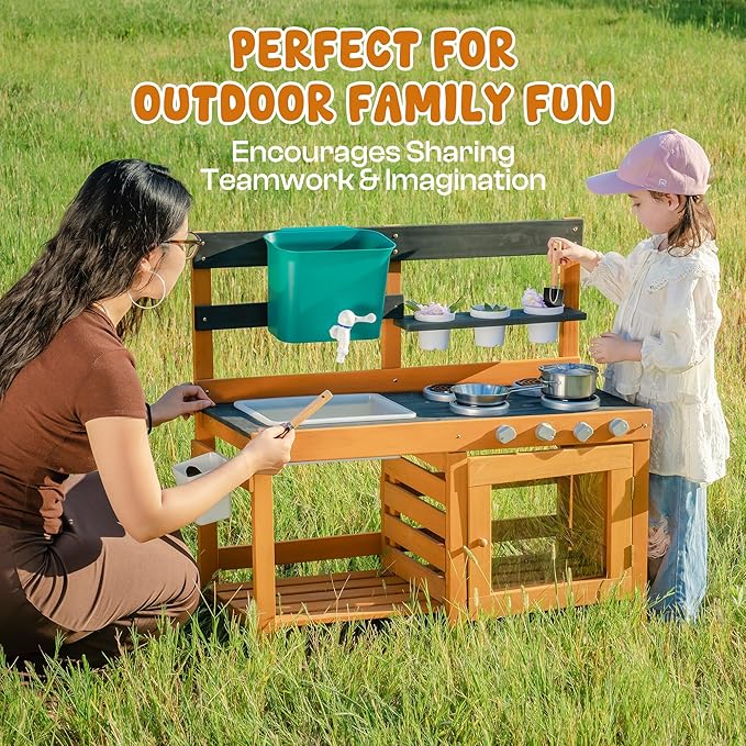 ROBOTIME Mud Kitchen for Kids Outdoor - Wooden Outdoor Play Kitchen Set with Real Water Play, Cooking Pots & Gardening Tools - Sensory Toy Kitchen for Pretend Play Ages 3+