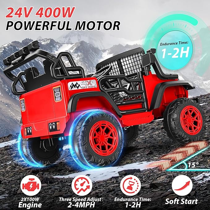 Hikole 24V 2 Seater Electric Ride on Toys Car for Kids 4-8, Remote Control, 2X200W Powered Wheels, 20'' Wide Seats, Sping Suspension, Bluetooth & Music, 110LBS MAX Load, LED Lights, 3 Speeds, Red