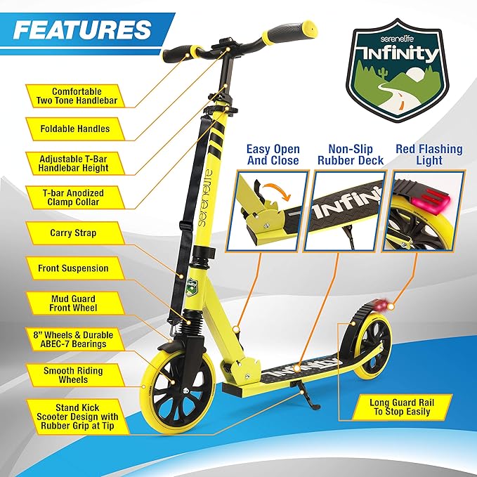 SereneLife Kick Scooter Adult Teenagers Kids- 2 Wheel Kids Scooter with Adjustable T-Bar Handlebar - Alloy Anti-Slip Deck - Portable Folding Scooters for Kids with Carrying Strap